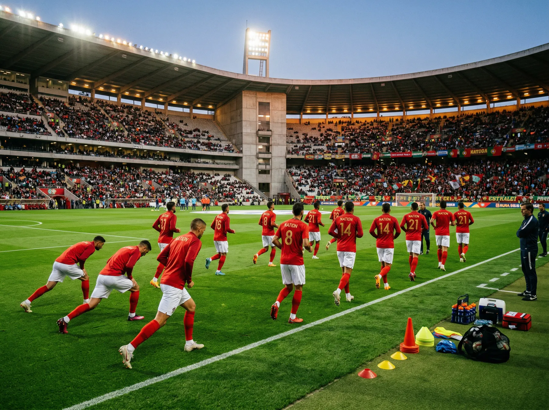 Avstrijski nogometni reprezentanti v rdečih dresih med ogrevanjem na stadionu pred tekmo