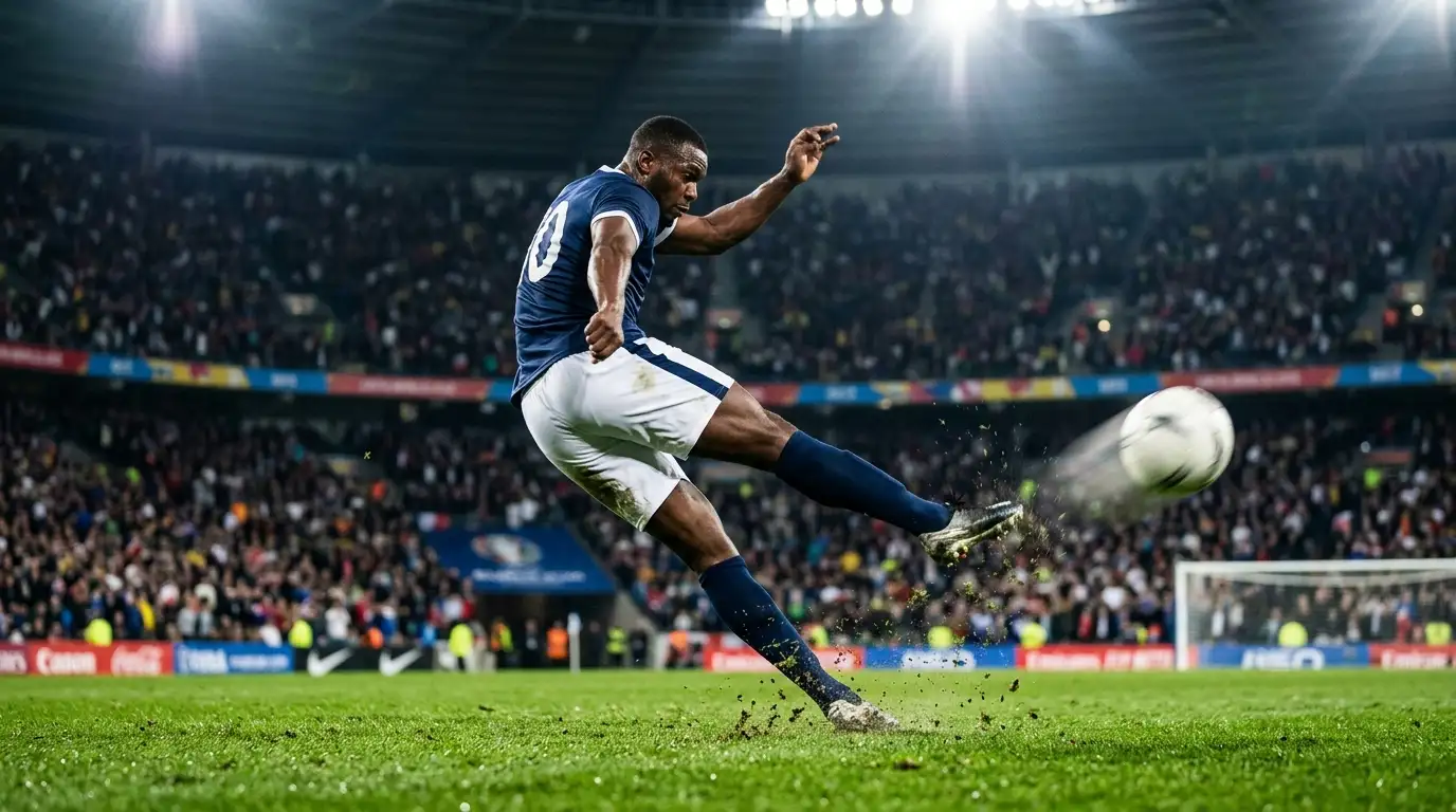 Visok napadalec sproži močan strel na gol med tekmo svetovnega prvenstva pod žarometi