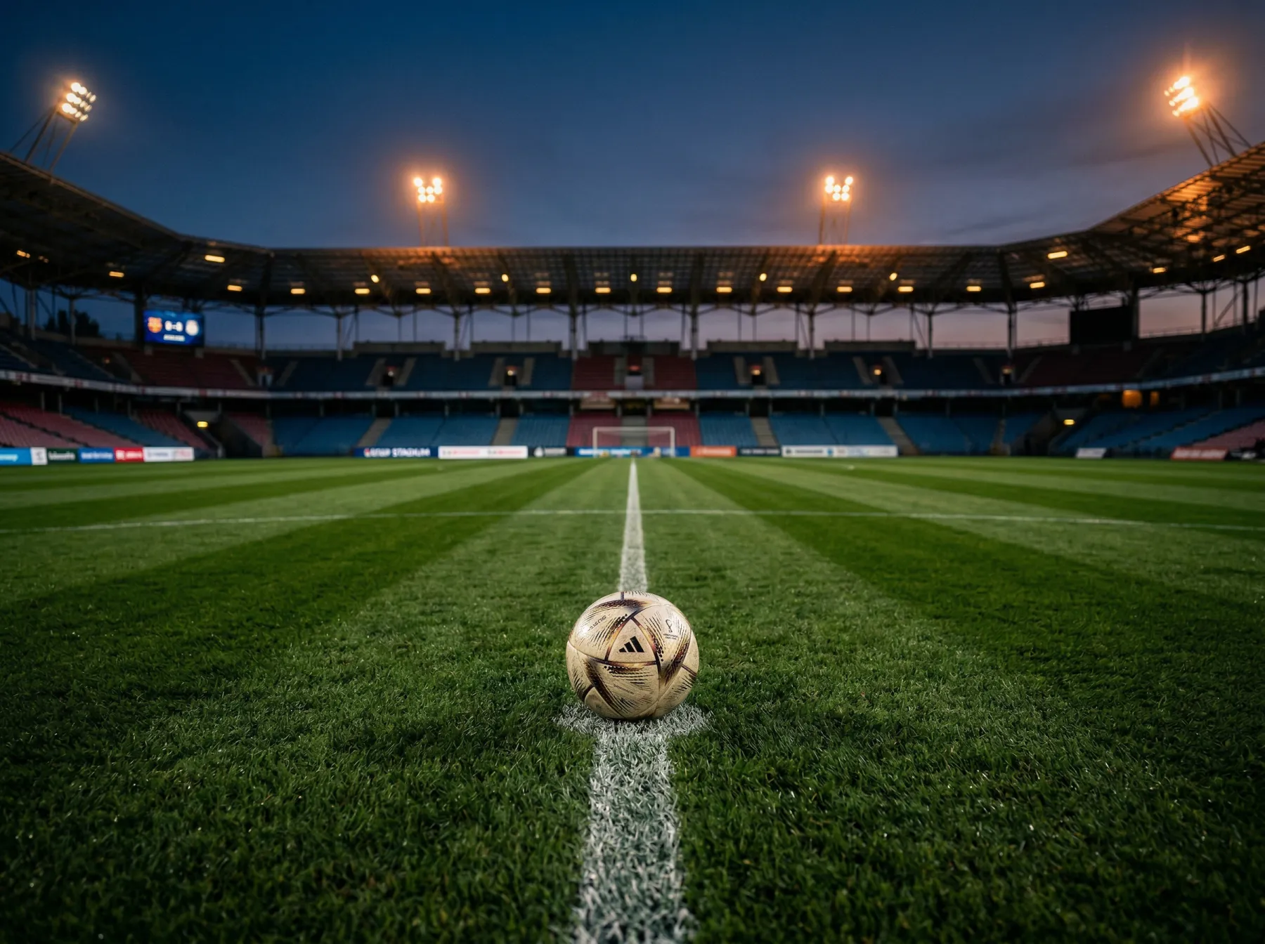 Nogometna žoga na sredini igrišča pred praznimi tribunami stadiona v večernem mraku
