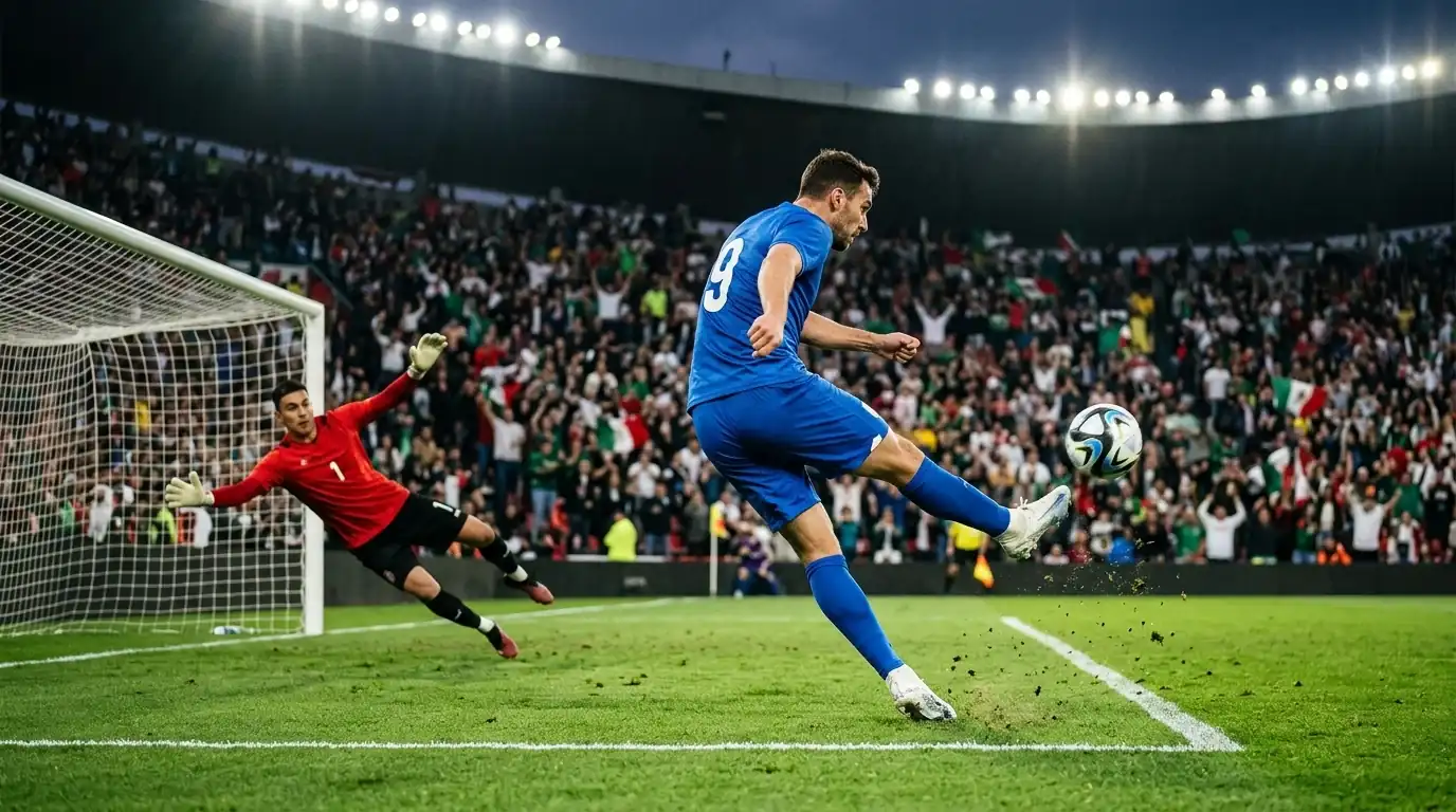 Igralec v belem dresu strelja na gol s podajo pred vratarjem v rdečem dresu, poln stadion v ozadju