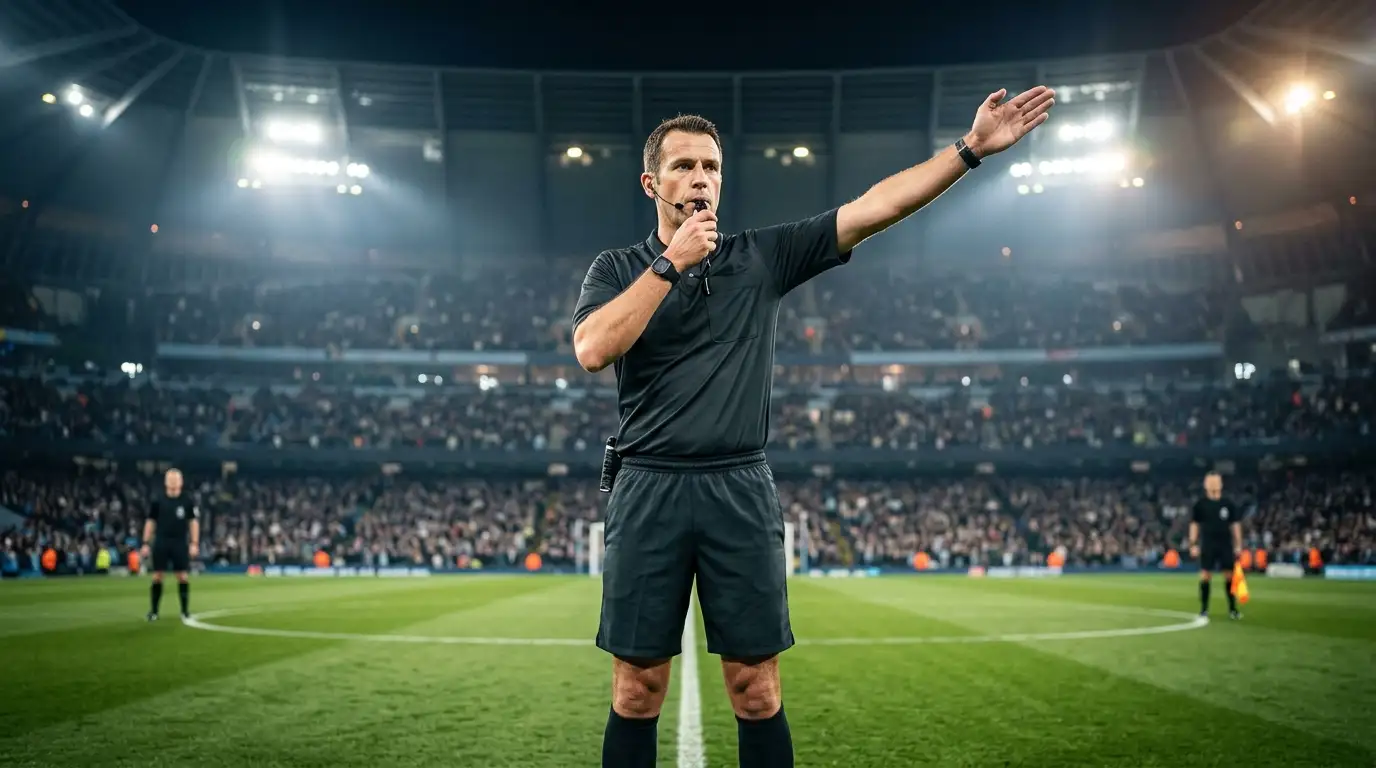 Nogometni sodnik v temnem dresu piha v piščalko na sredini stadiona, roka dvignjena, v ozadju zamegljena polna tribuna pod reflektorji