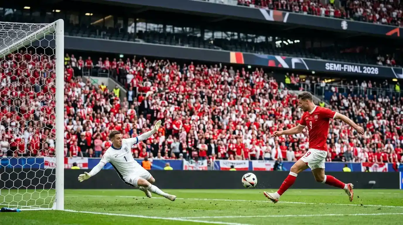Igralec v rdečem dresu strelja z nogo na gol, vratar v belem dresu se razteza v skoku, polna tribuna v ozadju